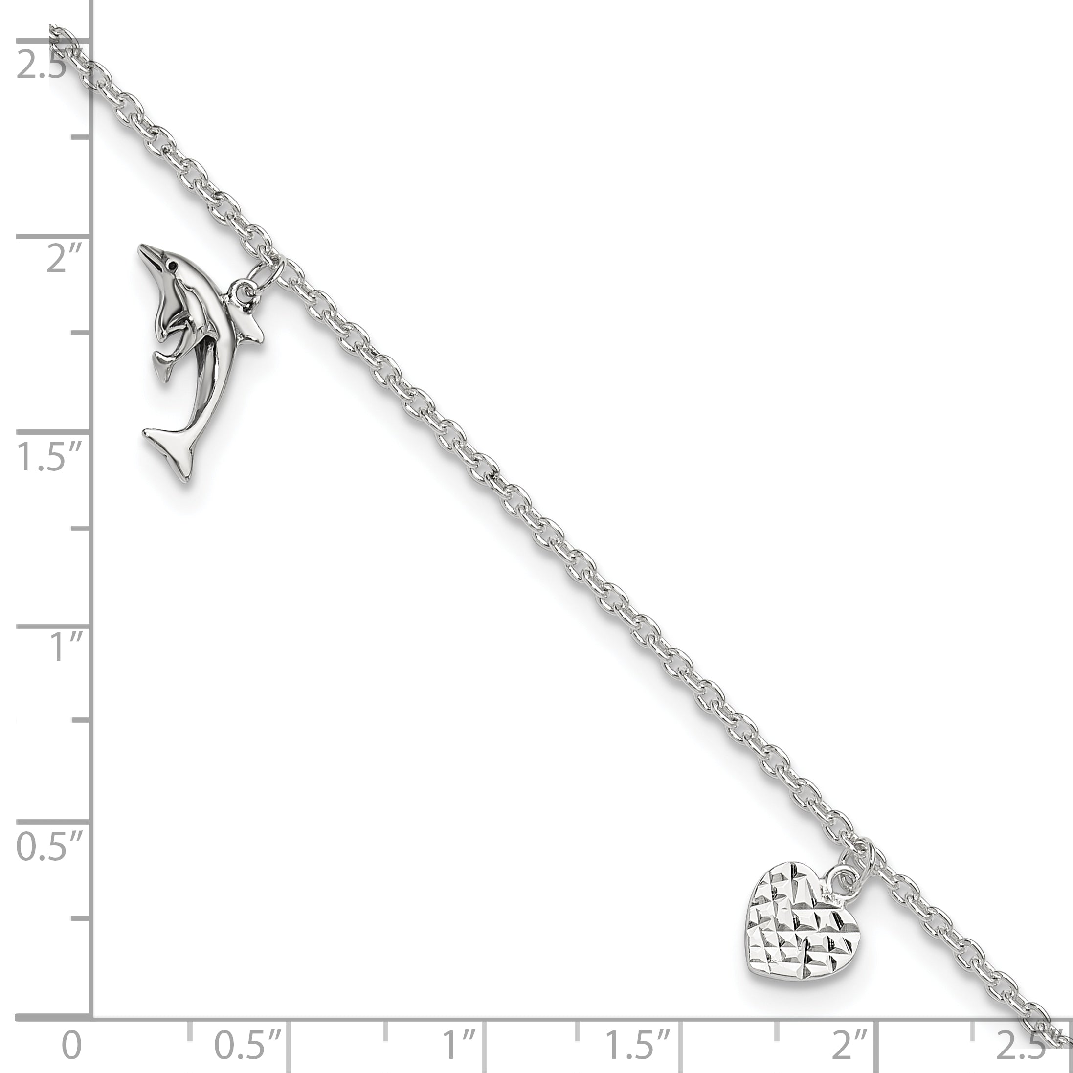 Sterling Silver Polished Heart, Star And Dolphin 9In Plus 1In Ext. Anklet