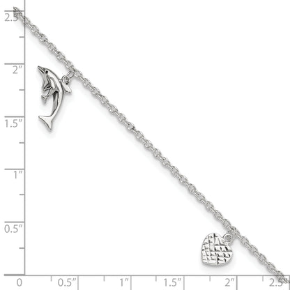 Sterling Silver Polished Heart, Star And Dolphin 9In Plus 1In Ext. Anklet