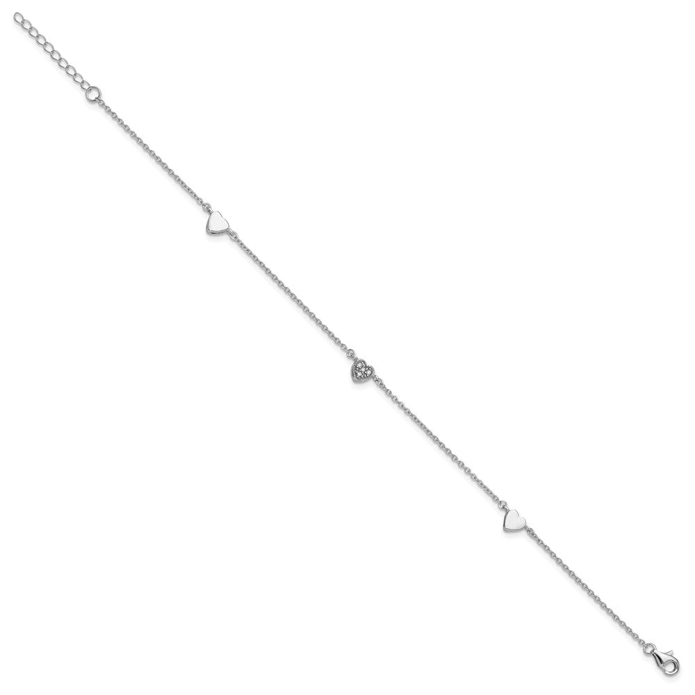 Sterling Silver Rhodium-Plated Cz 9In Plus 1In Ext Heart Anklet