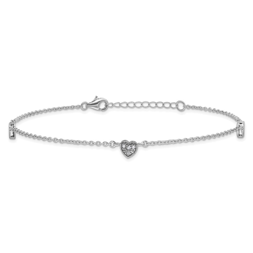 Sterling Silver Rhodium-Plated Cz 9In Plus 1In Ext Heart Anklet