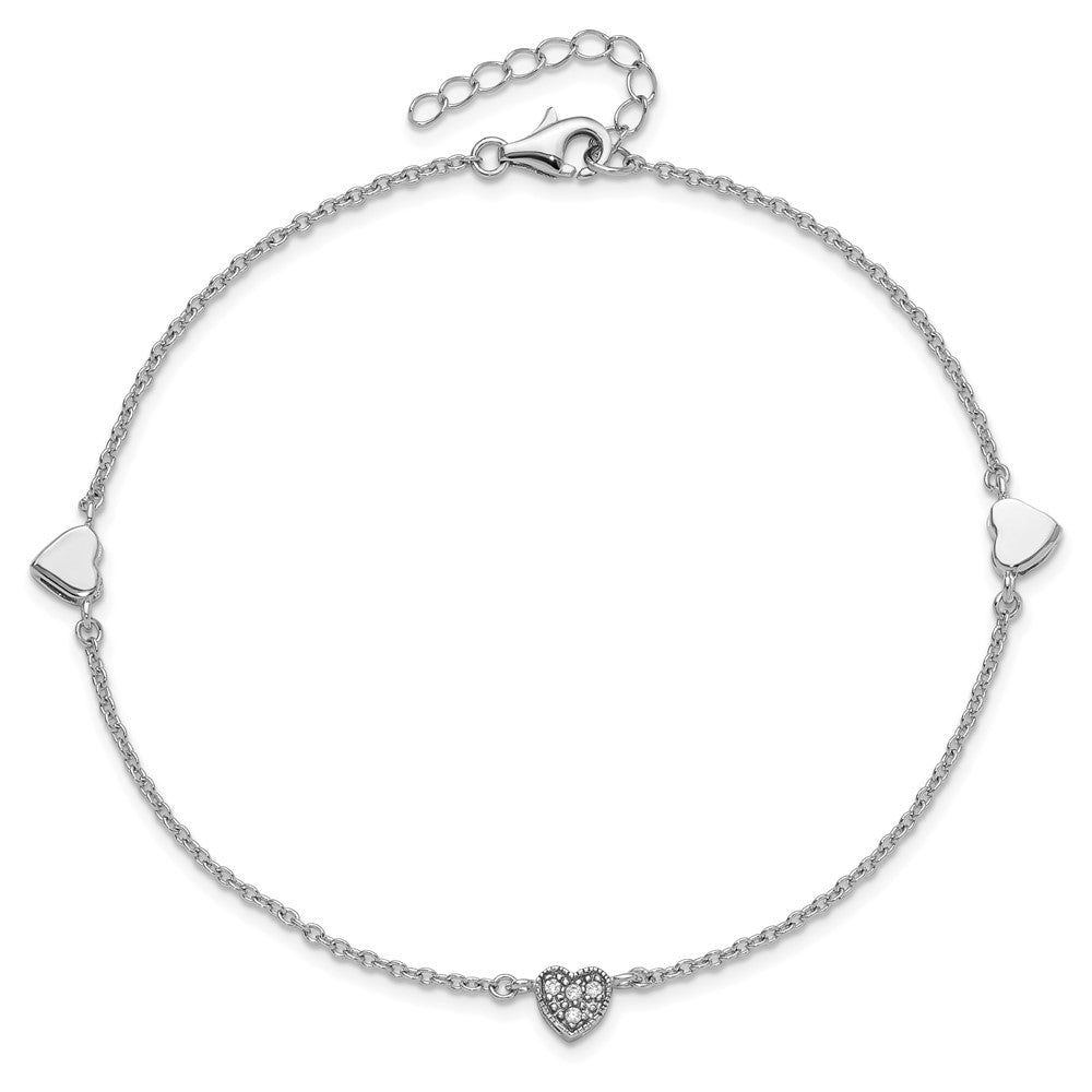 Sterling Silver Rhodium-Plated Cz 9In Plus 1In Ext Heart Anklet