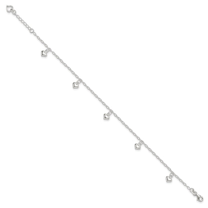 Sterling Silver Polished Puffed Heart 9In Plus1In Ext Anklet