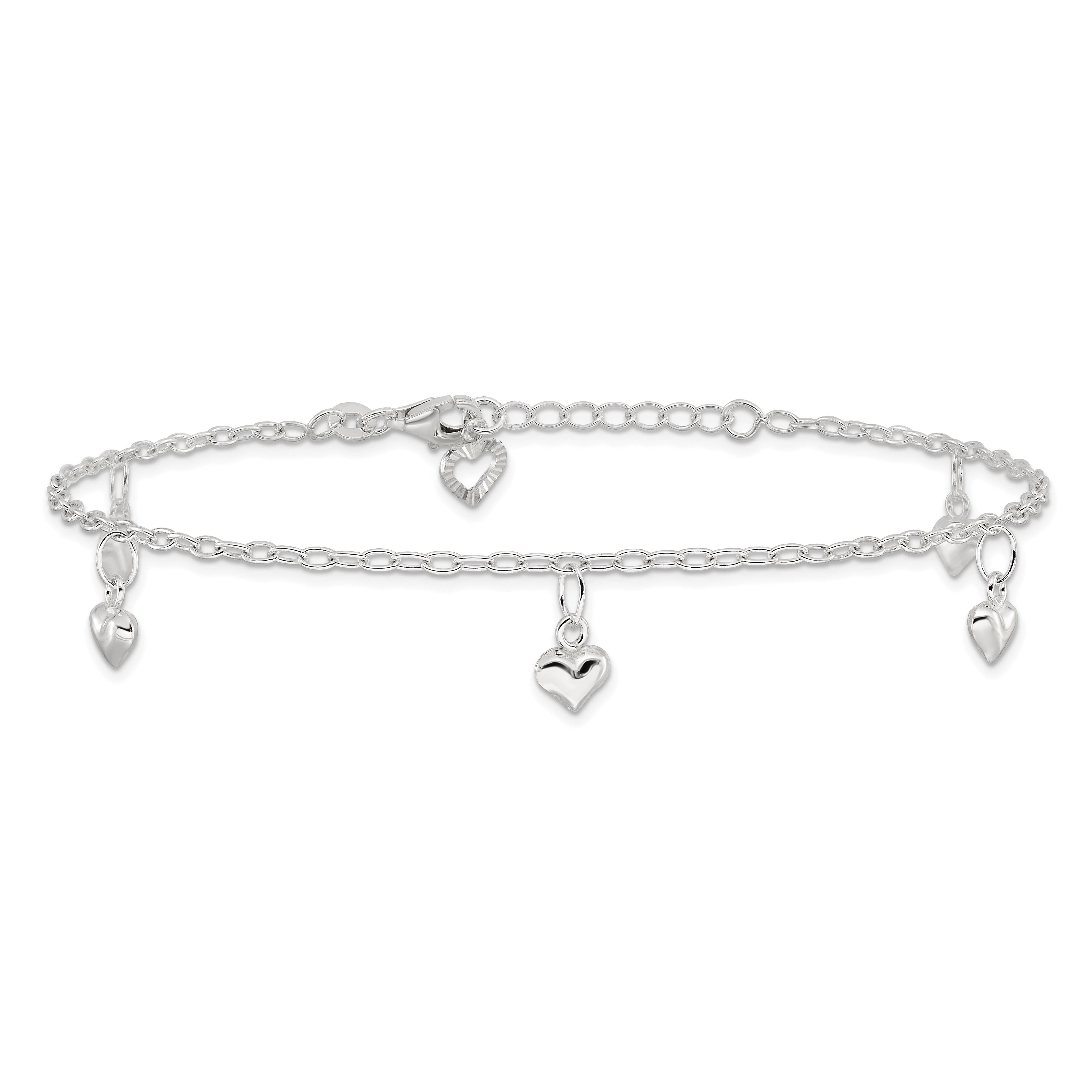 Sterling Silver Polished Puffed Heart 9In Plus1In Ext Anklet