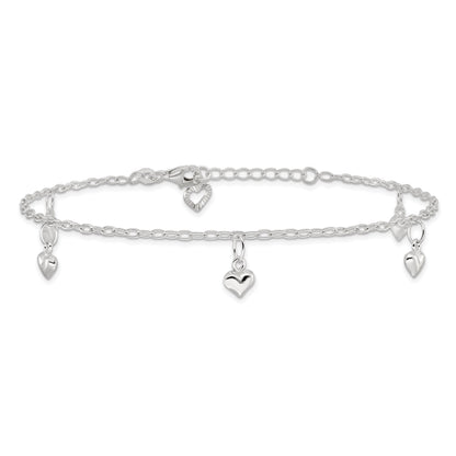 Sterling Silver Polished Puffed Heart 9In Plus1In Ext Anklet