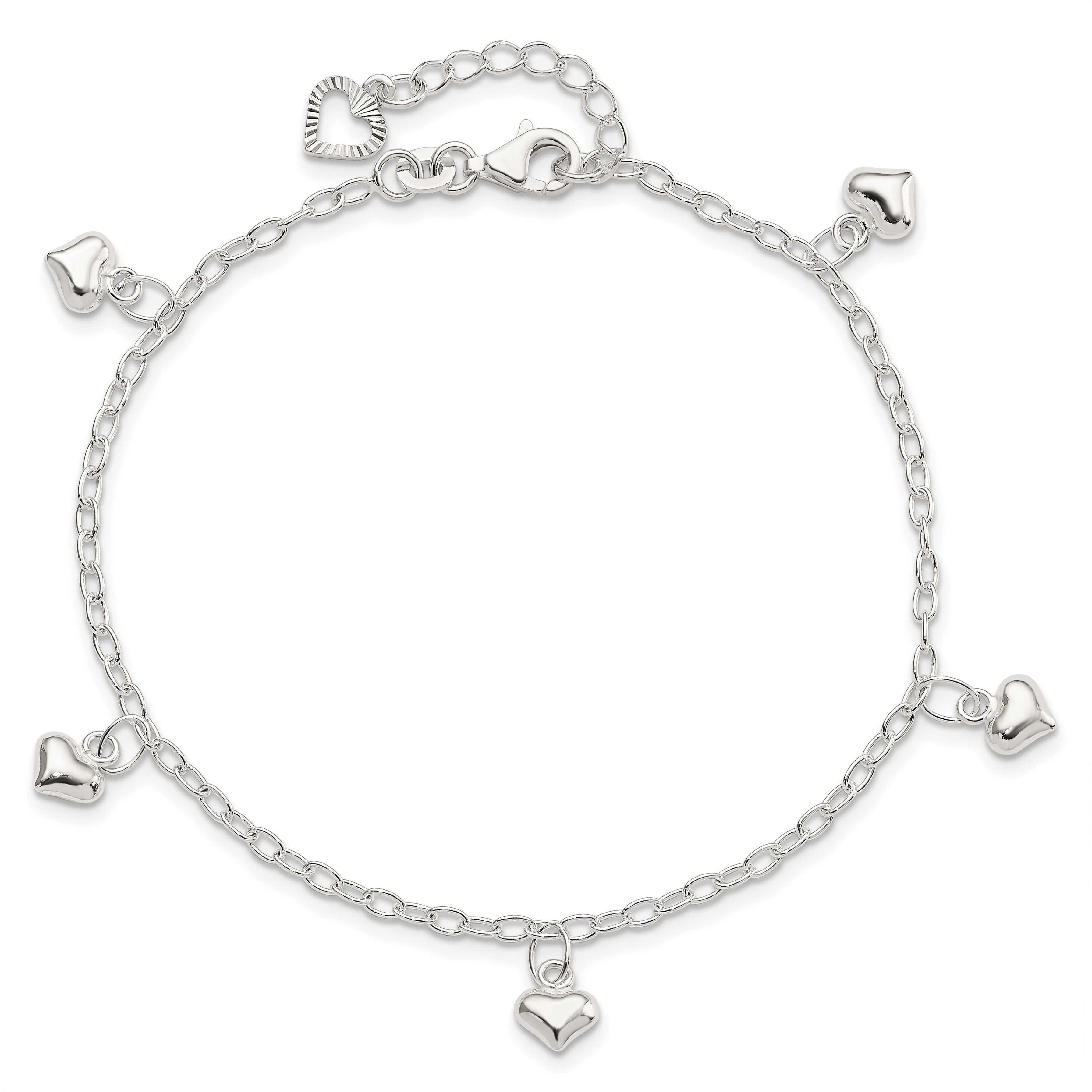 Sterling Silver Polished Puffed Heart 9In Plus1In Ext Anklet