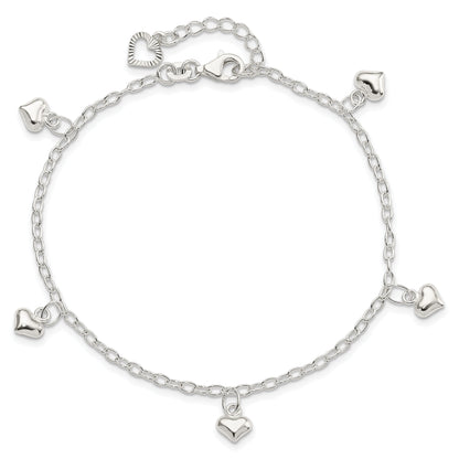 Sterling Silver Polished Puffed Heart 9In Plus1In Ext Anklet