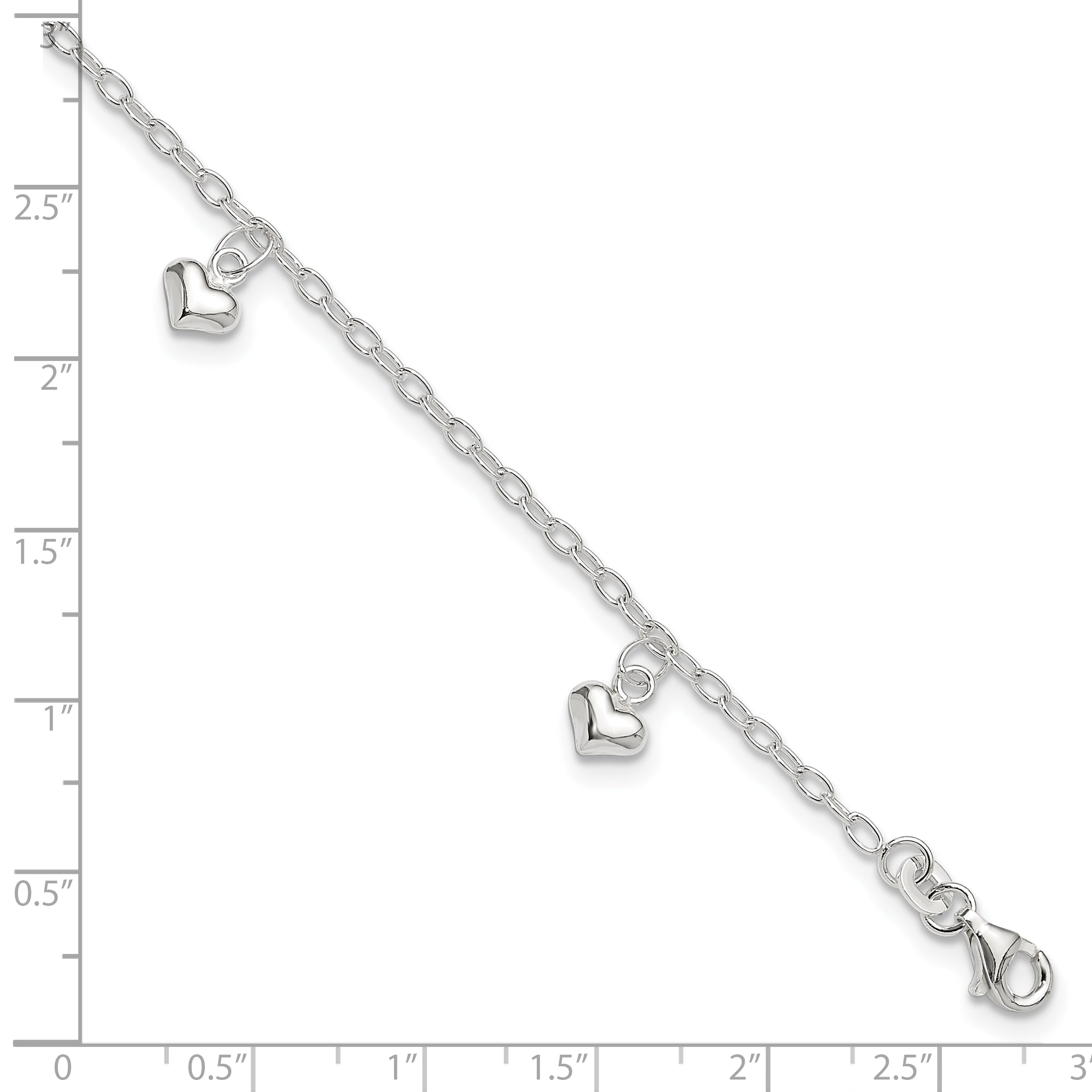 Sterling Silver Polished Puffed Heart 9In Plus1In Ext Anklet