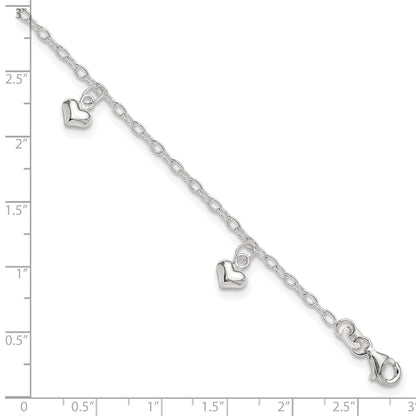Sterling Silver Polished Puffed Heart 9In Plus1In Ext Anklet