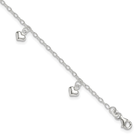 Sterling Silver Polished Puffed Heart 9In Plus1In Ext Anklet
