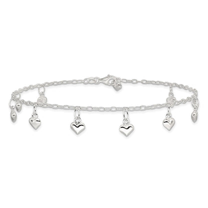 Sterling Silver Polished Puffed Heart Anklet