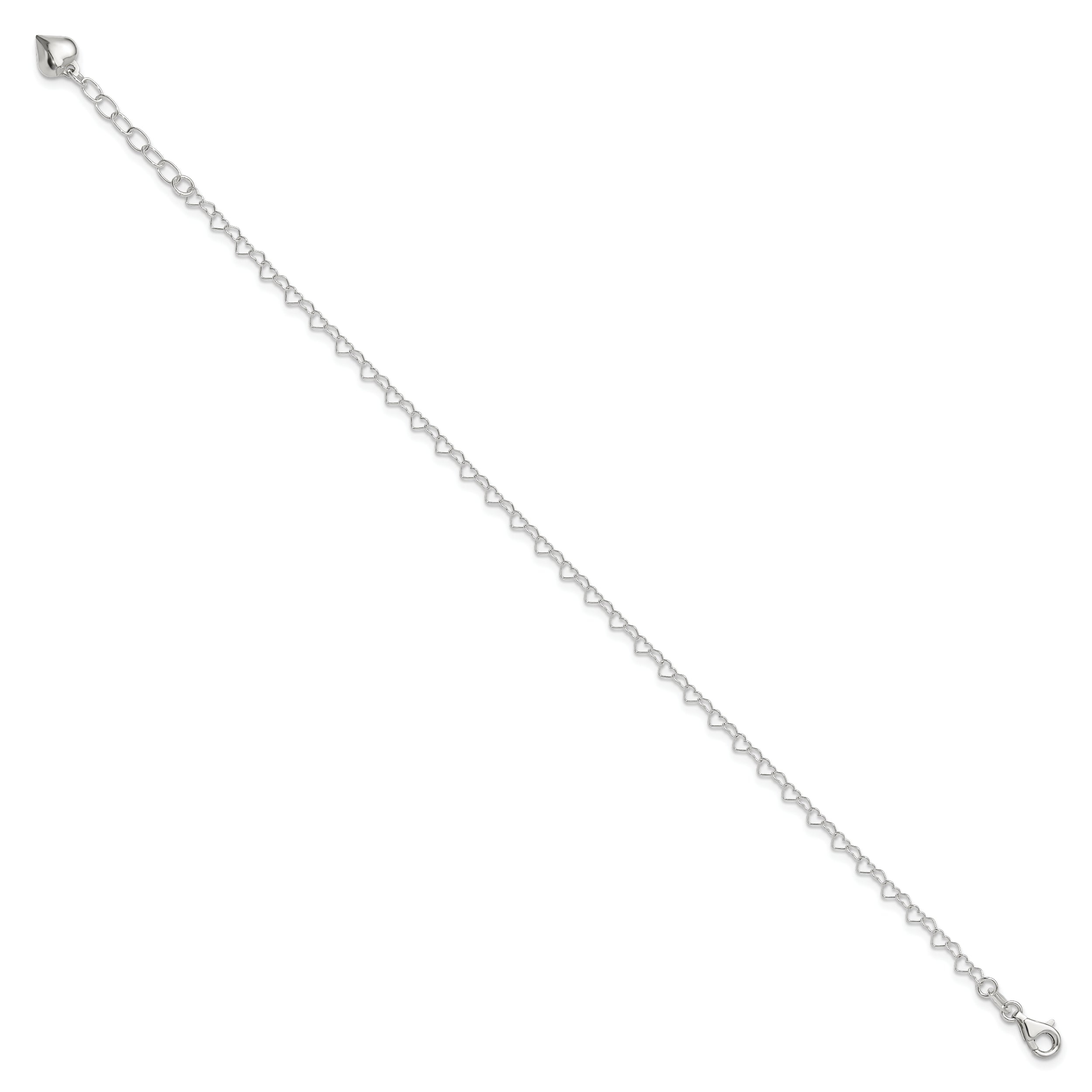 Sterling Silver Polished Puffed Heart 9In Plus 1In Ext. Anklet