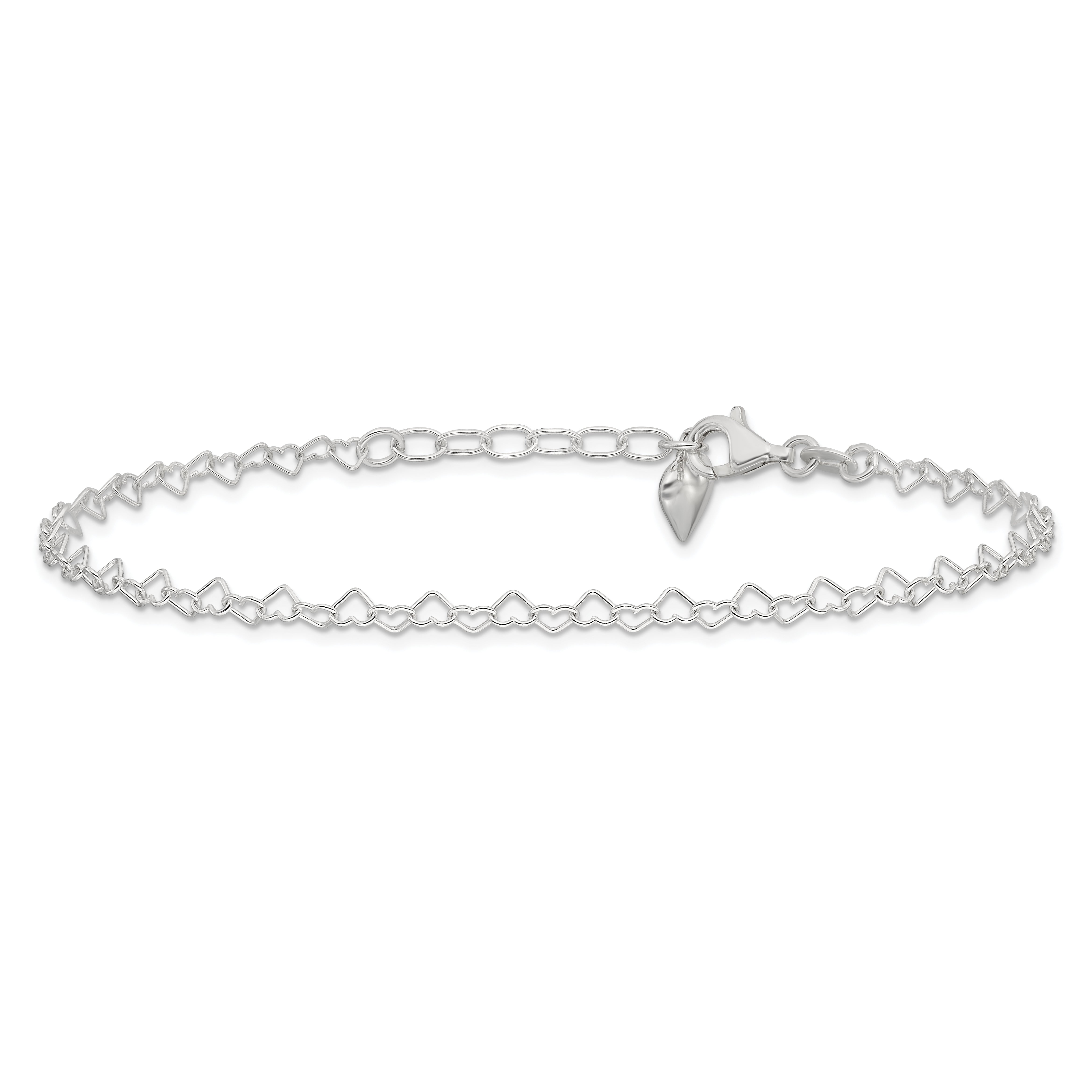 Sterling Silver Polished Puffed Heart 9In Plus 1In Ext. Anklet