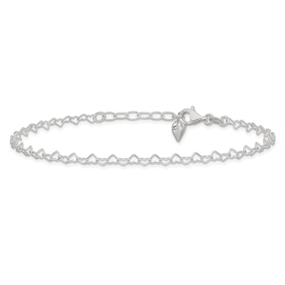 Sterling Silver Polished Puffed Heart 9In Plus 1In Ext. Anklet
