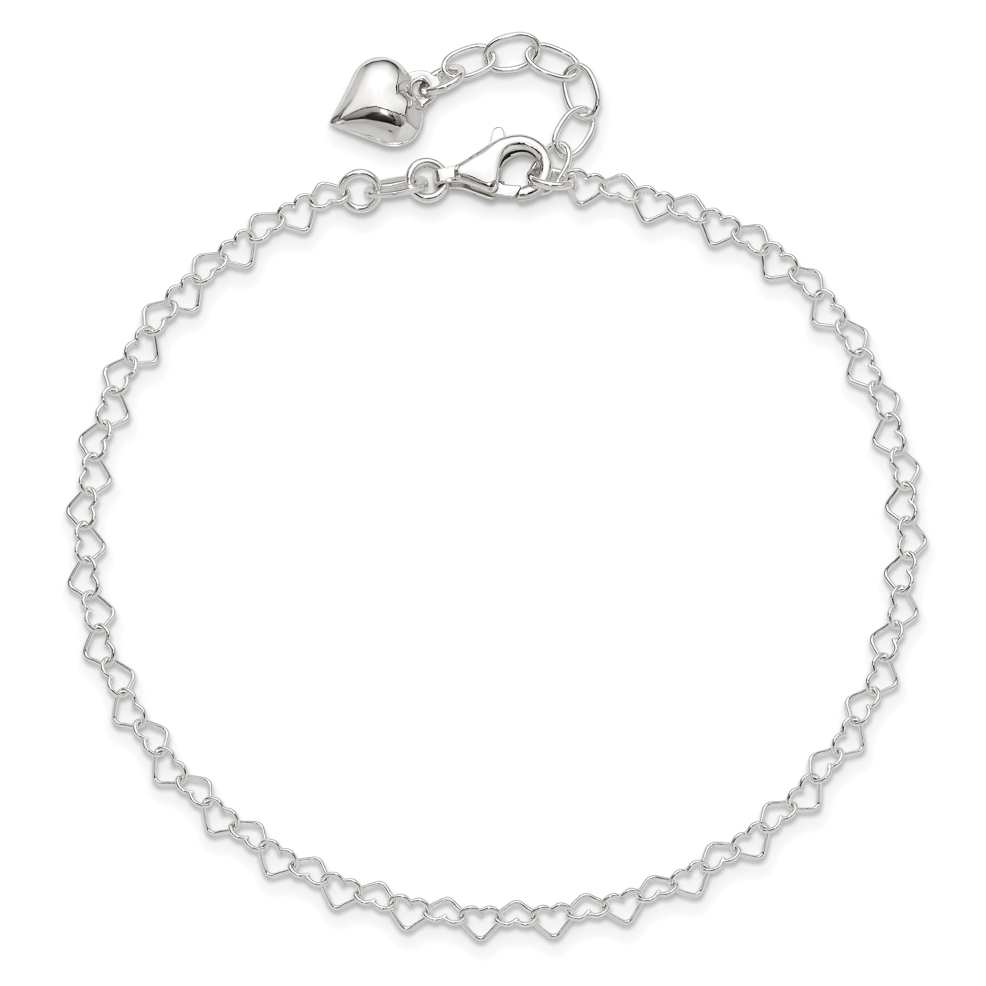 Sterling Silver Polished Puffed Heart 9In Plus 1In Ext. Anklet