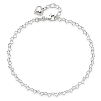 Sterling Silver Polished Puffed Heart 9In Plus 1In Ext. Anklet