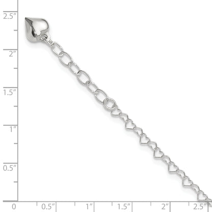 Sterling Silver Polished Puffed Heart 9In Plus 1In Ext. Anklet