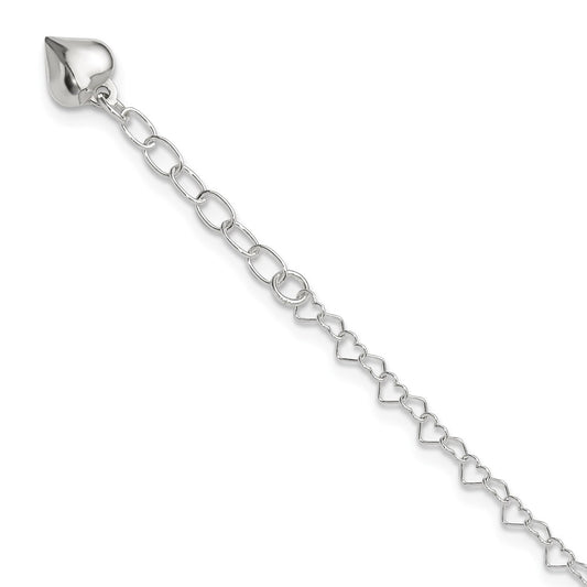 Sterling Silver Polished Puffed Heart 9In Plus 1In Ext. Anklet