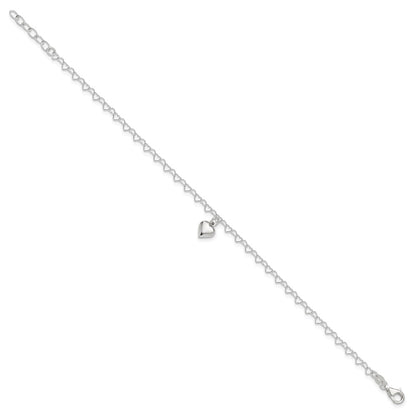 Sterling Silver Polished Fancy Link Puffed Heart 9 In Plus 1In Ext. Anklet