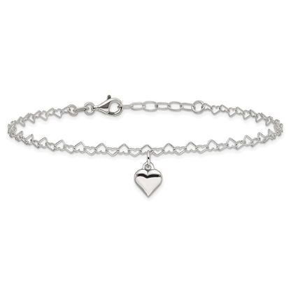 Sterling Silver Polished Fancy Link Puffed Heart 9 In Plus 1In Ext. Anklet