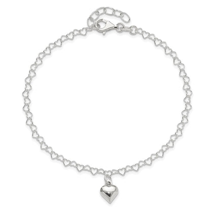 Sterling Silver Polished Fancy Link Puffed Heart 9 In Plus 1In Ext. Anklet