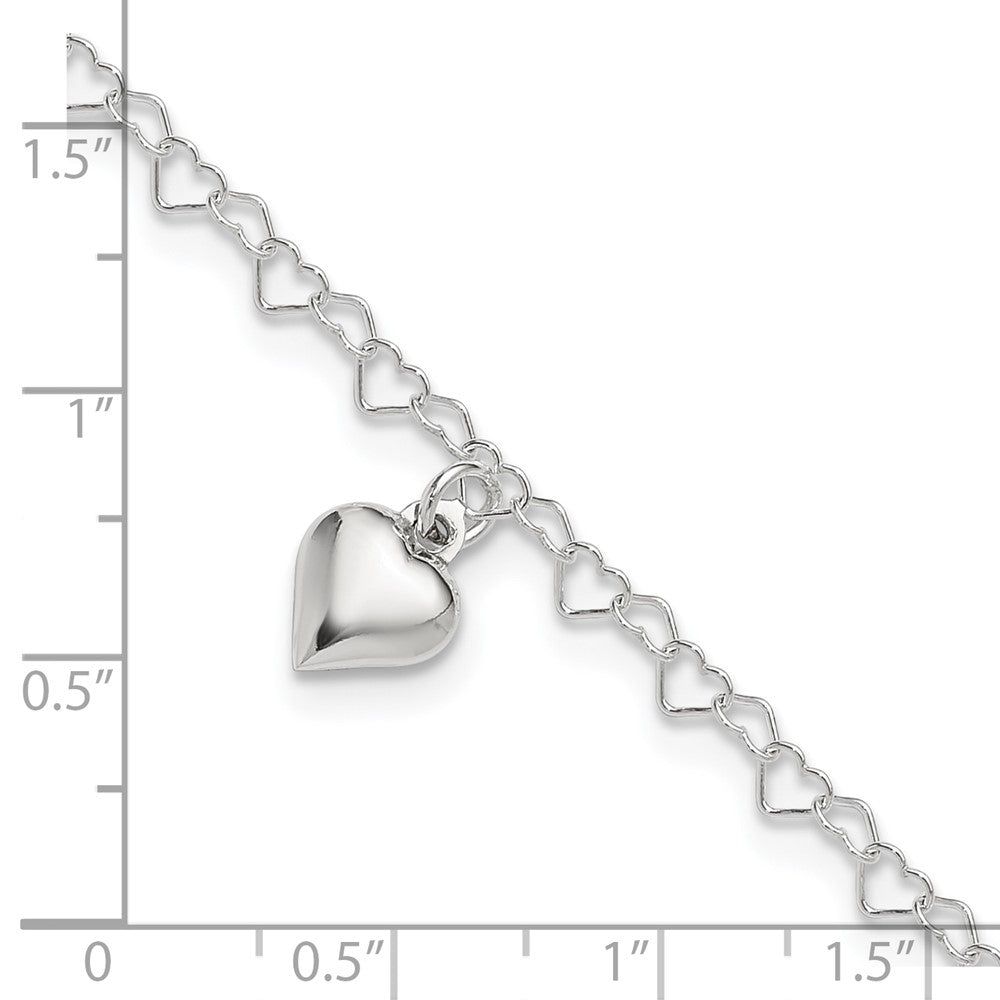 Sterling Silver Polished Fancy Link Puffed Heart 9 In Plus 1In Ext. Anklet