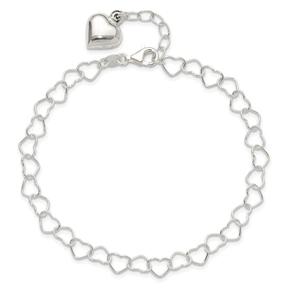 Sterling Silver Polished Puffed Heart 9 In Plus 1In Ext. Anklet