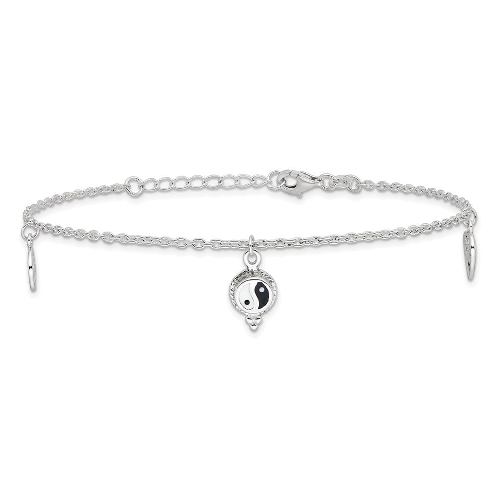 Sterling Silver Polished Hearts And Peace Sign 8In Plus 1In Ext Anklet