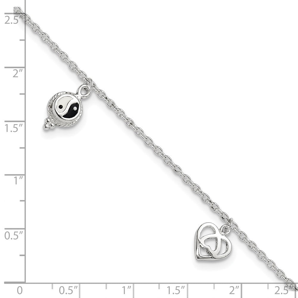 Sterling Silver Polished Hearts And Peace Sign 8In Plus 1In Ext Anklet