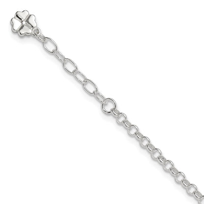 Sterling Silver Polished Four Leaf Clover 9In Plus 1In Ext. Anklet