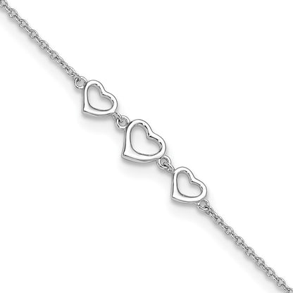 Sterling Silver Rhodium-Plated 10 In Plus1 Ext Three Hearts Anklet