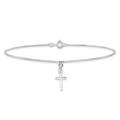 10 Inch Sterling Silver In Solid Polished Cross On Box Chain Anklet