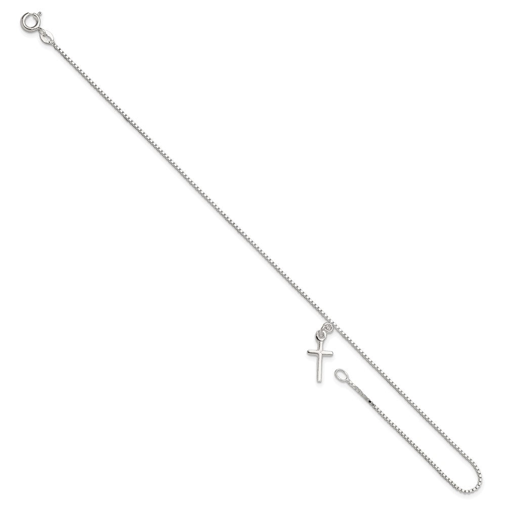 10 Inch Sterling Silver In Solid Polished Cross On Box Chain Anklet