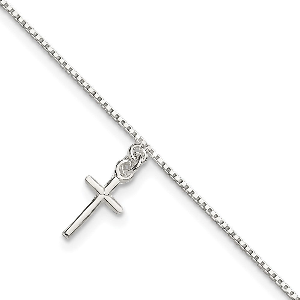 10 Inch Sterling Silver In Solid Polished Cross On Box Chain Anklet