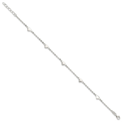 Sterling Silver 9 Inch Polished Heart Plus 1In Ext. Anklet