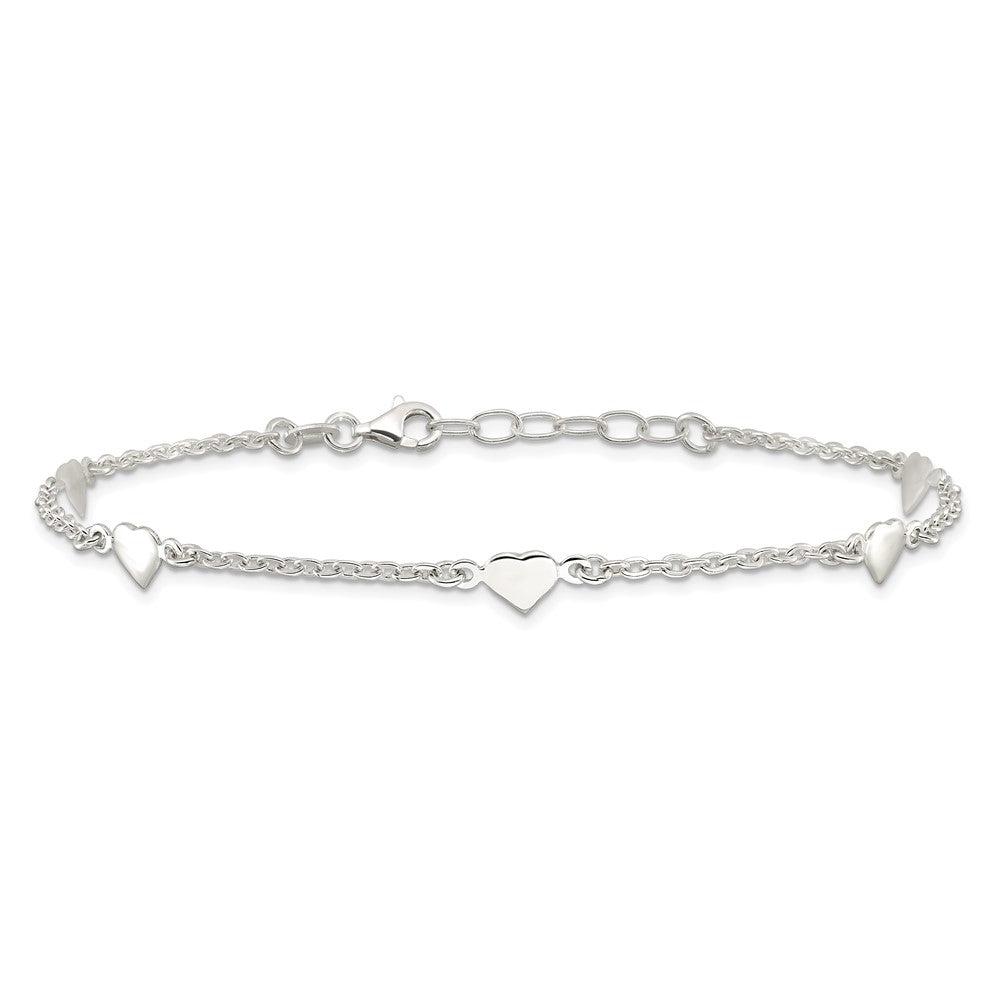 Sterling Silver 9 Inch Polished Heart Plus 1In Ext. Anklet