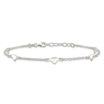 Sterling Silver 9 Inch Polished Heart Plus 1In Ext. Anklet