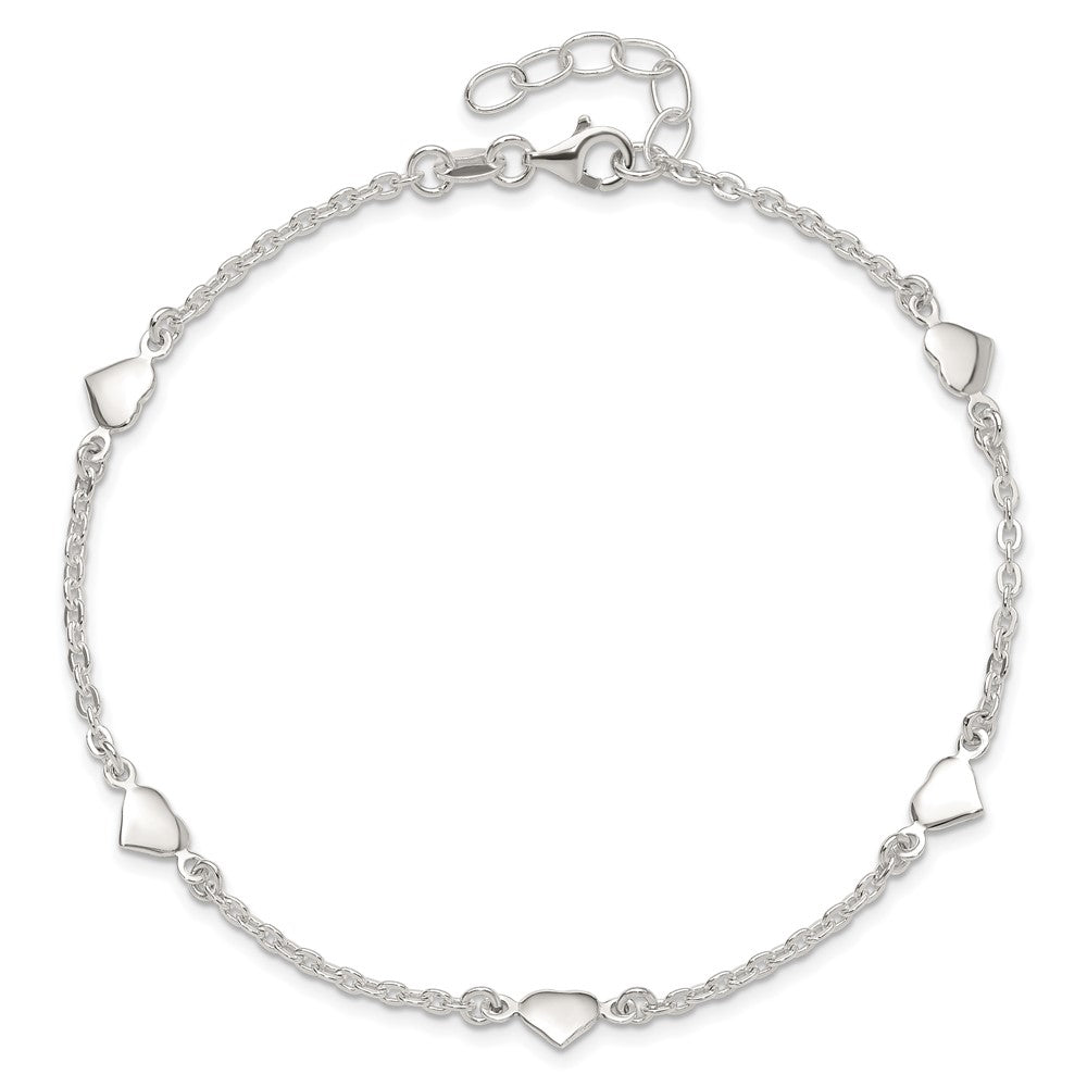 Sterling Silver 9 Inch Polished Heart Plus 1In Ext. Anklet