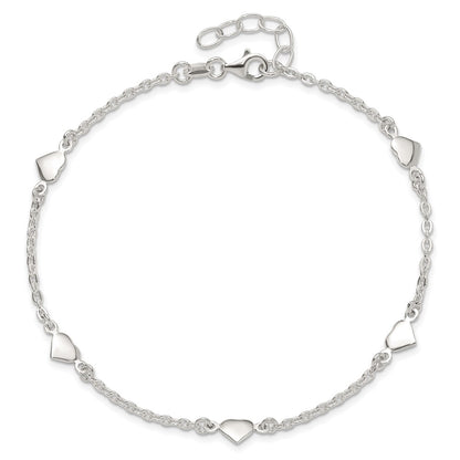Sterling Silver 9 Inch Polished Heart Plus 1In Ext. Anklet