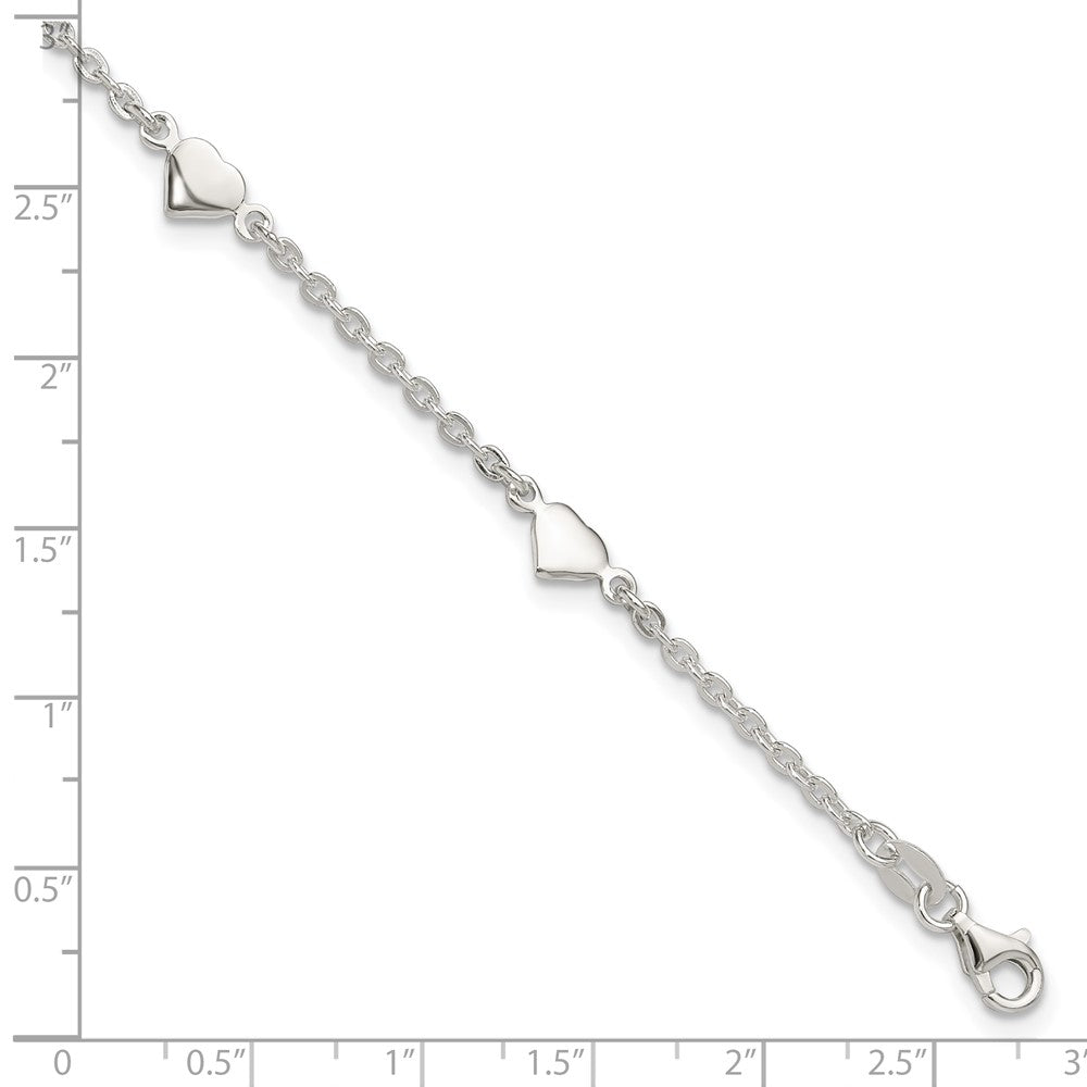Sterling Silver 9 Inch Polished Heart Plus 1In Ext. Anklet