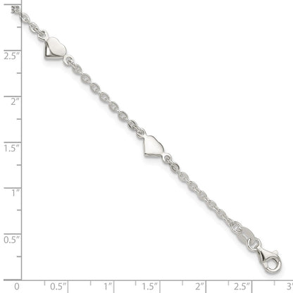 Sterling Silver 9 Inch Polished Heart Plus 1In Ext. Anklet