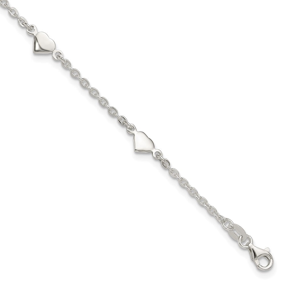 Sterling Silver 9 Inch Polished Heart Plus 1In Ext. Anklet