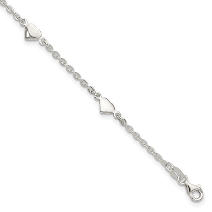 Sterling Silver 9 Inch Polished Heart Plus 1In Ext. Anklet