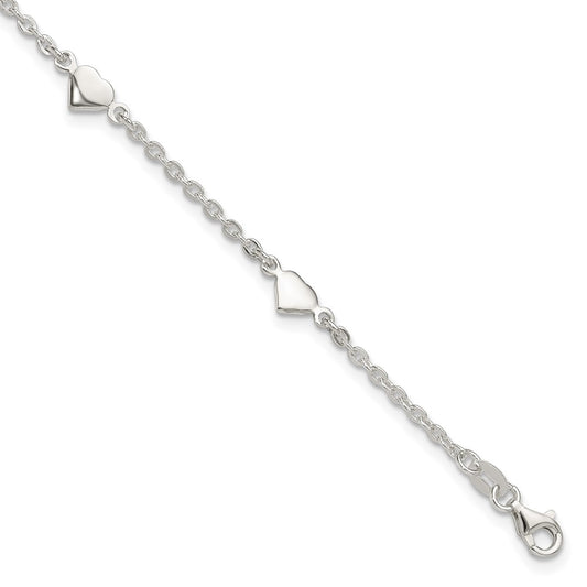 Sterling Silver 9 Inch Polished Heart Plus 1In Ext. Anklet