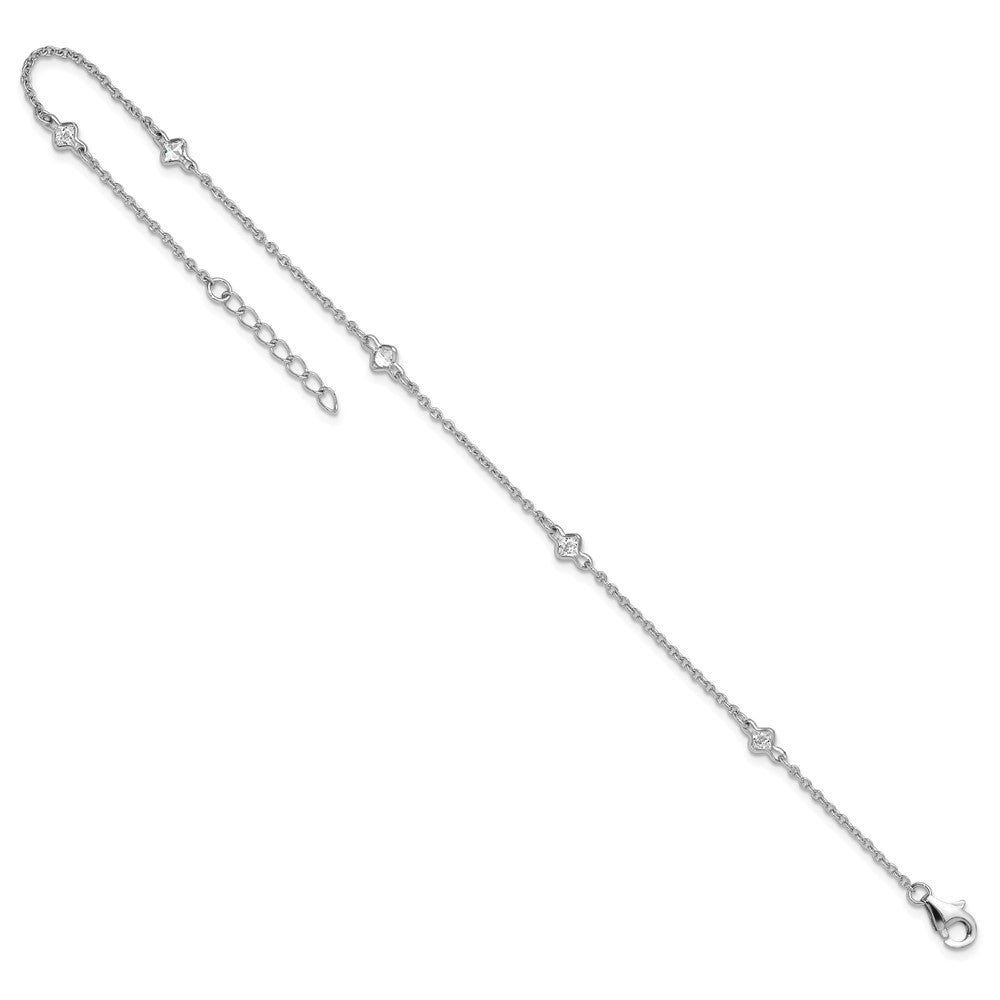 Sterling Silver Rhodium-Plated 9In Plus 1In Ext. 5 Station Cz Anklet