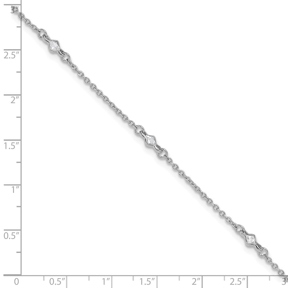 Sterling Silver Rhodium-Plated 9In Plus 1In Ext. 5 Station Cz Anklet