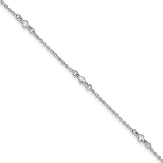Sterling Silver Rhodium-Plated 9In Plus 1In Ext. 5 Station Cz Anklet
