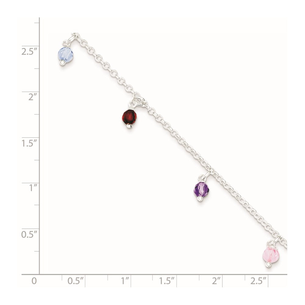 Sterling Silver Polished Multi-Colored Beads 9In Plus 1In Ext. Anklet