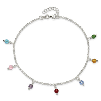 Sterling Silver Polished Multi-Colored Beads 9In Plus 1In Ext. Anklet