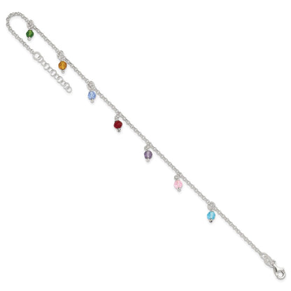 Sterling Silver Polished Multi-Colored Beads 9In Plus 1In Ext. Anklet