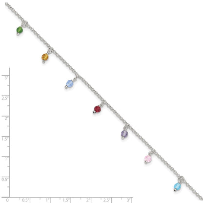 Sterling Silver Polished Multi-Colored Beads 9In Plus 1In Ext. Anklet